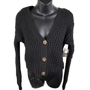 90s Grunge Academia Soft Chunky Knit Cropped Cardigan 3 Button Women’s XS Black